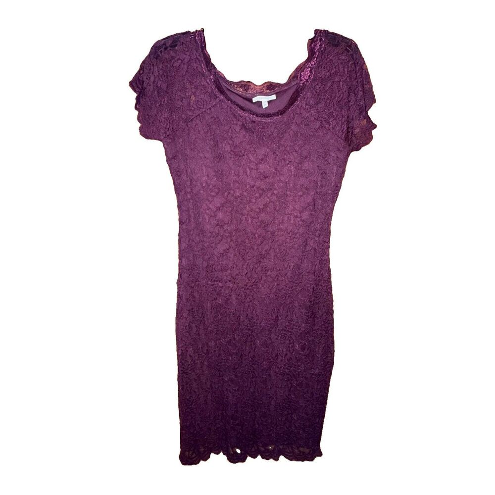 Maroon Floral Lace Sheath Dress Short Sleeve Scalloped Lined Knee Length Medium